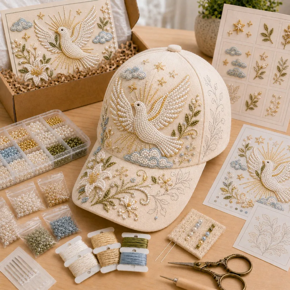 ✝️🧢 Premium Christian Faith Beaded Hat DIY Kit | Luxury Flocked Canvas with Scratch-Resistant Non-Fading Pearl Beads DIY Handmade Devotional Cap Decor 🕊️🪡✨