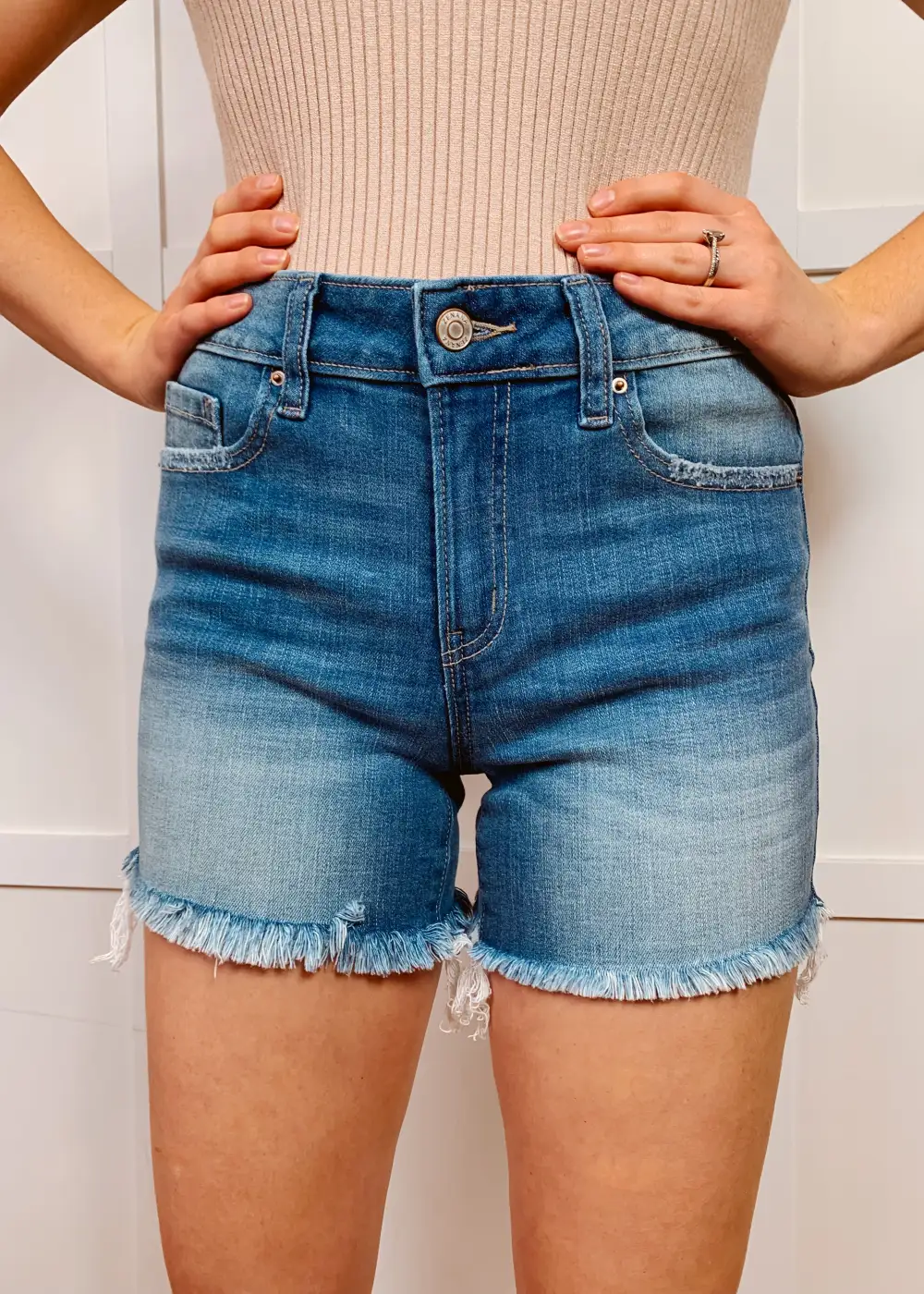 Stretch Denim Raw Hem Shorts