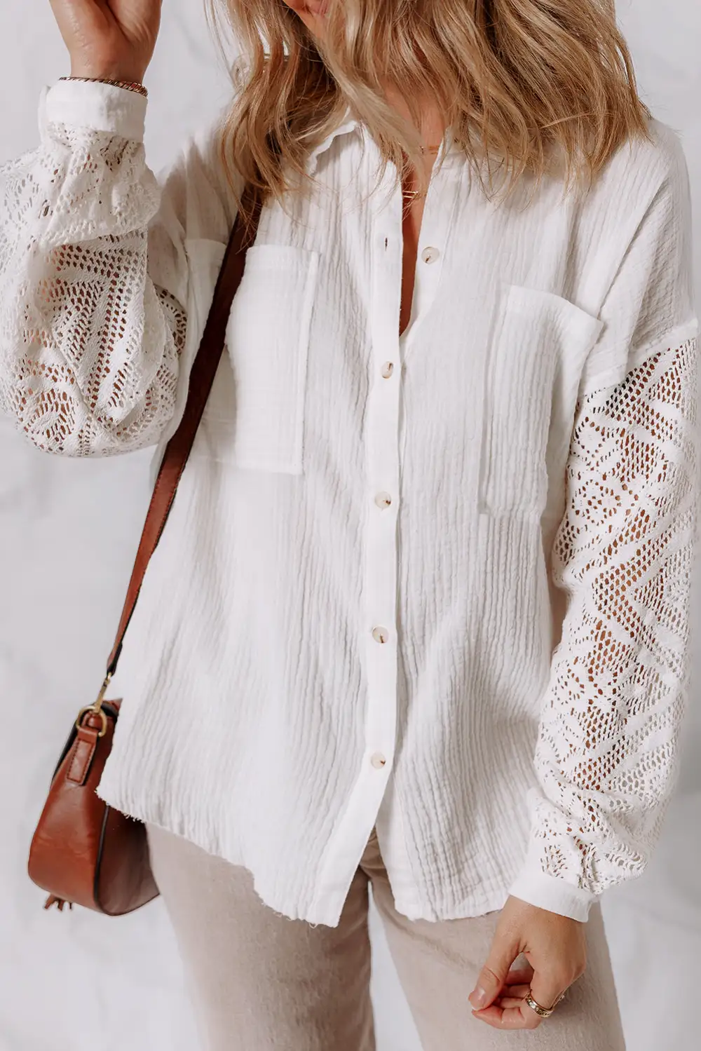 Lace Trim Patchwork Long Sleeve Shirt Blouse