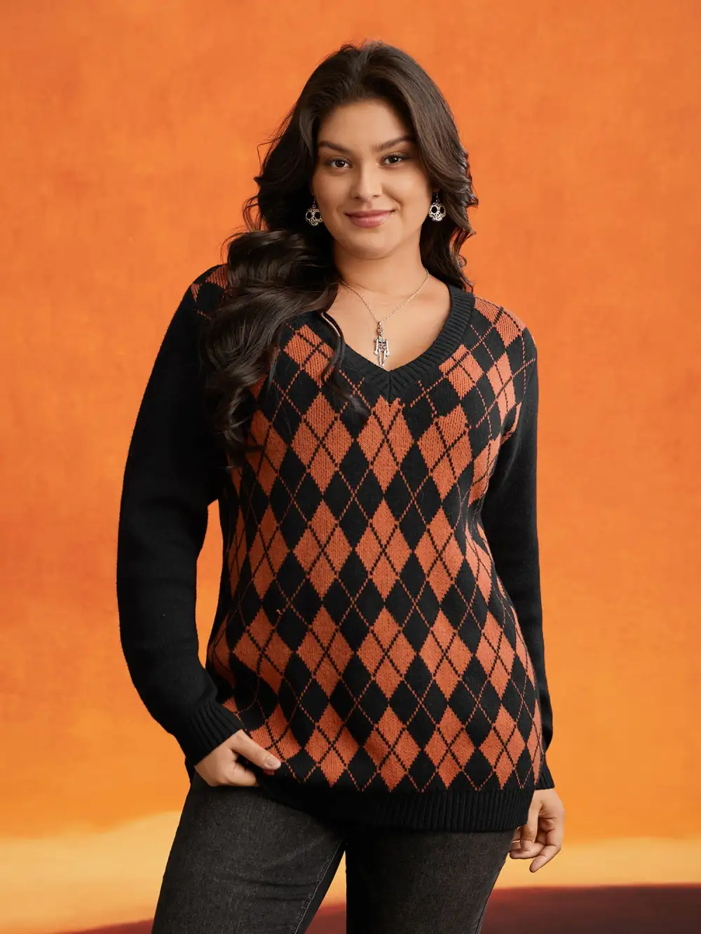 V-Neck Plaid Print Halloween Pullover