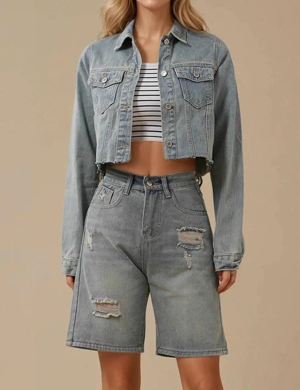 Destressed Button Denim Jacket Crop Jacket