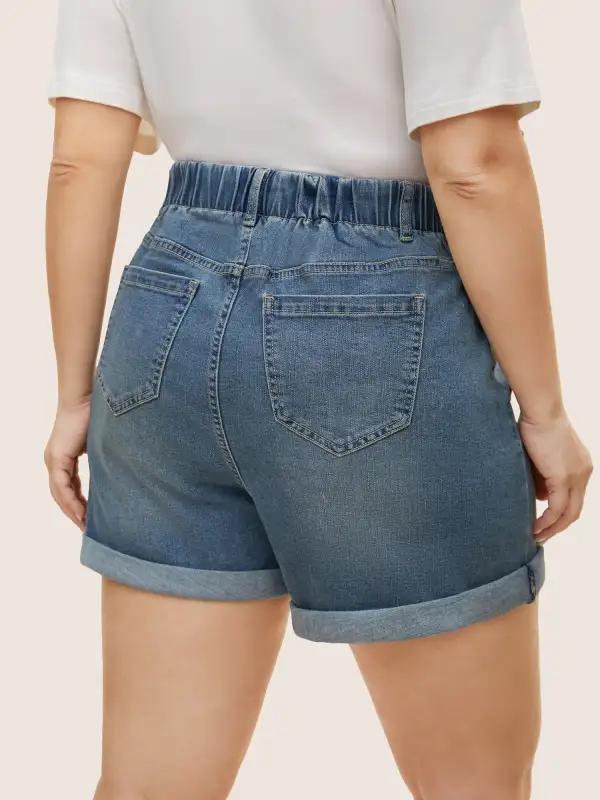 Light Wash Button Up Roll Hem Denim Shorts