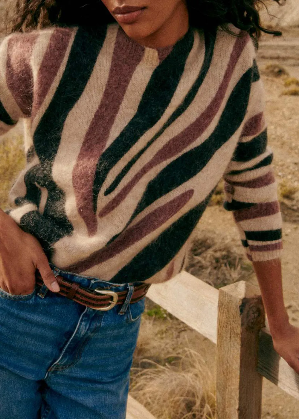 Zebra-Print Long-Sleeved Wool And Suede Pullover