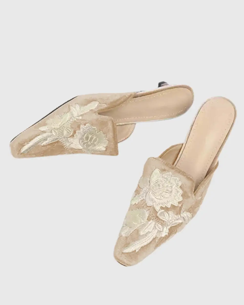 Embroidered Satin Mules in Nude