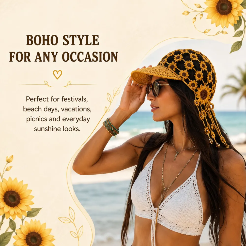 Hand‑Crocheted Sunflower Hollow Baseball Cap Bohemian Tassel Bell Hat