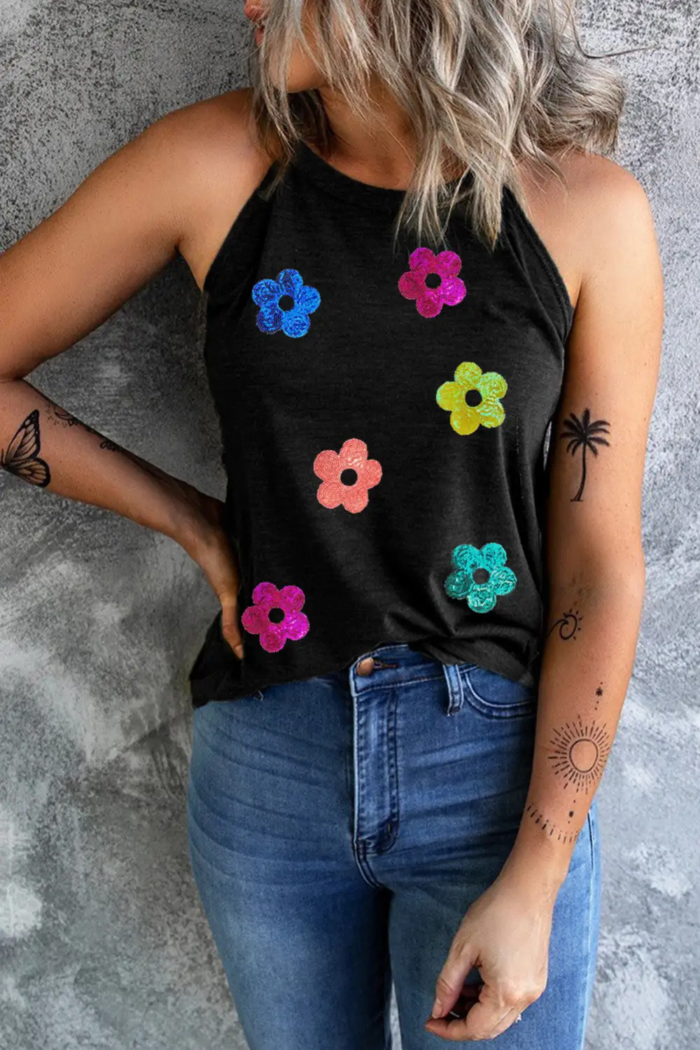 Sequin Flower Slim Fit Crewneck Tank Top