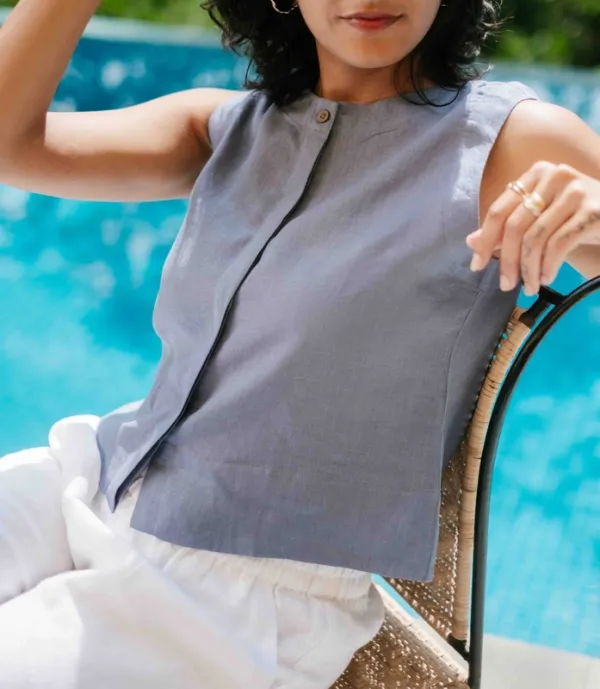 Wildflower Blue Linen Sleeveless Shirt