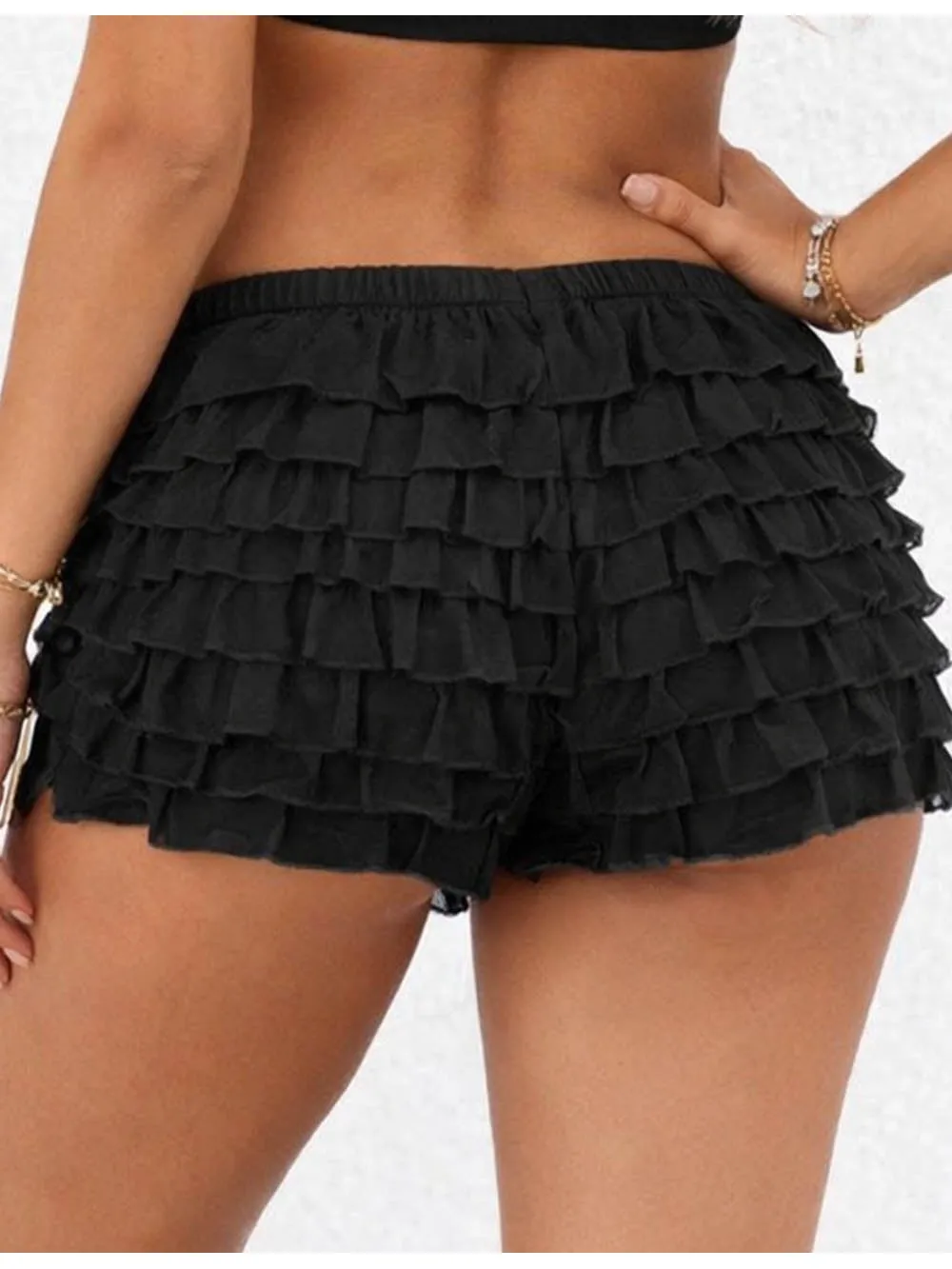 Tiered Mesh Ruffle Solid Color Elastic Waist Mini Shorts