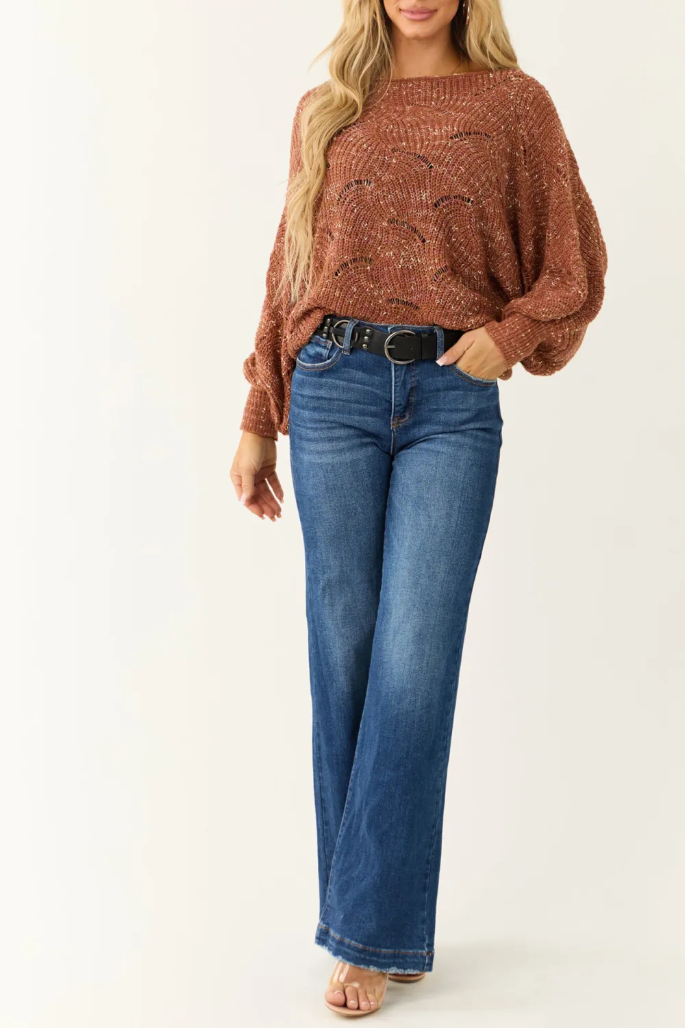 Terracotta Pointelle Long Balloon Sleeve Sweater