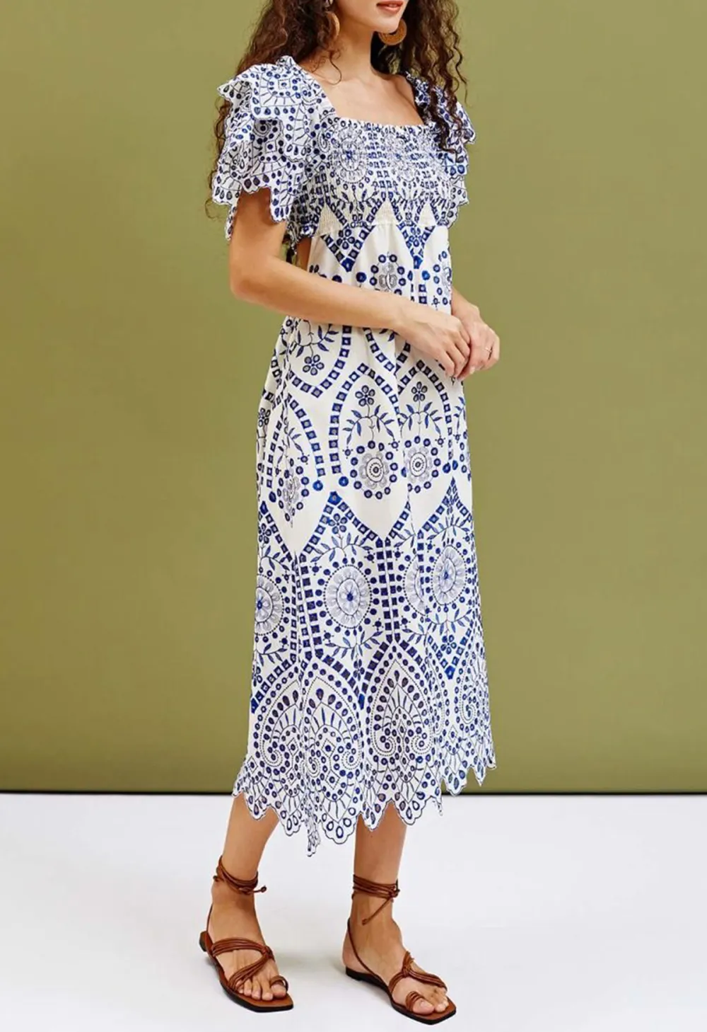 BLUE EMBROIDERY RUFFLE SLEEVE COTTON DRESS