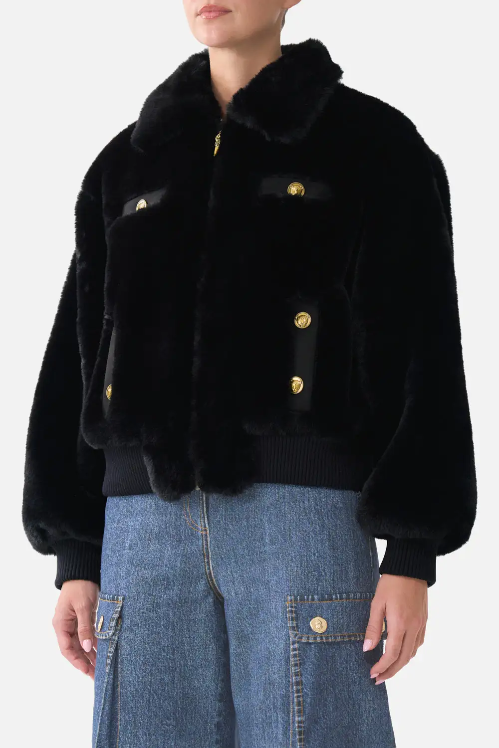 Printed Faux Fur Bomber with Pocket Details Jacket