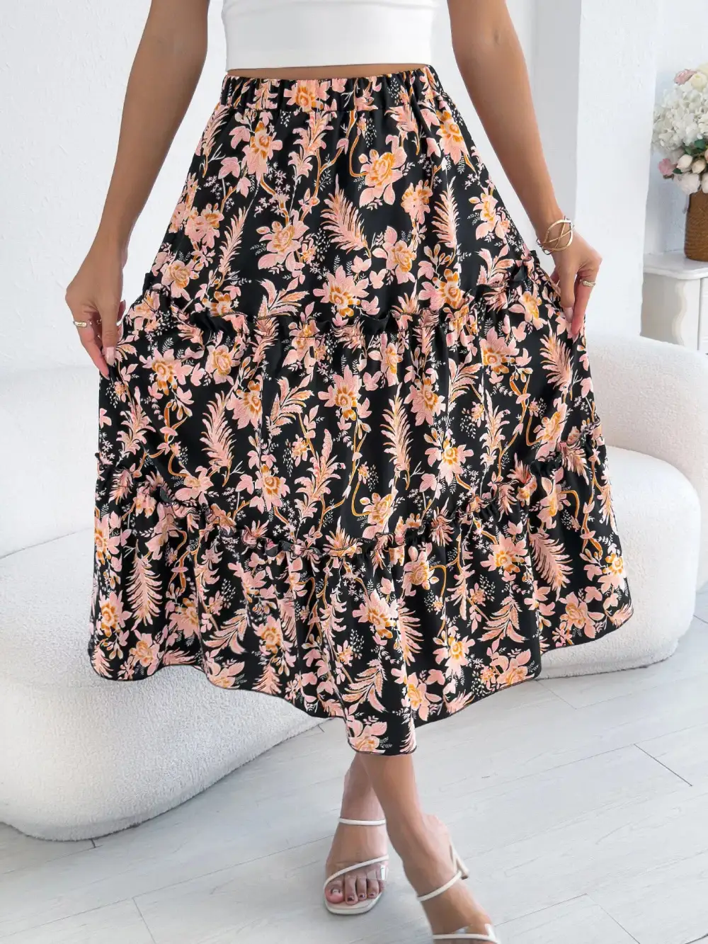 Everyday Ruffle Floral Midi Skirt
