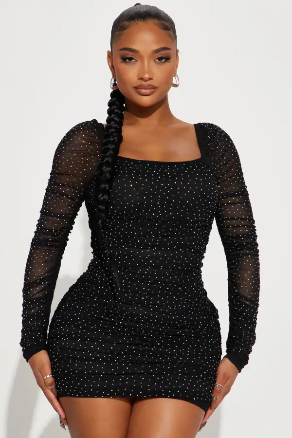 Tabby Rhinestone Mesh Mini Dress - Black