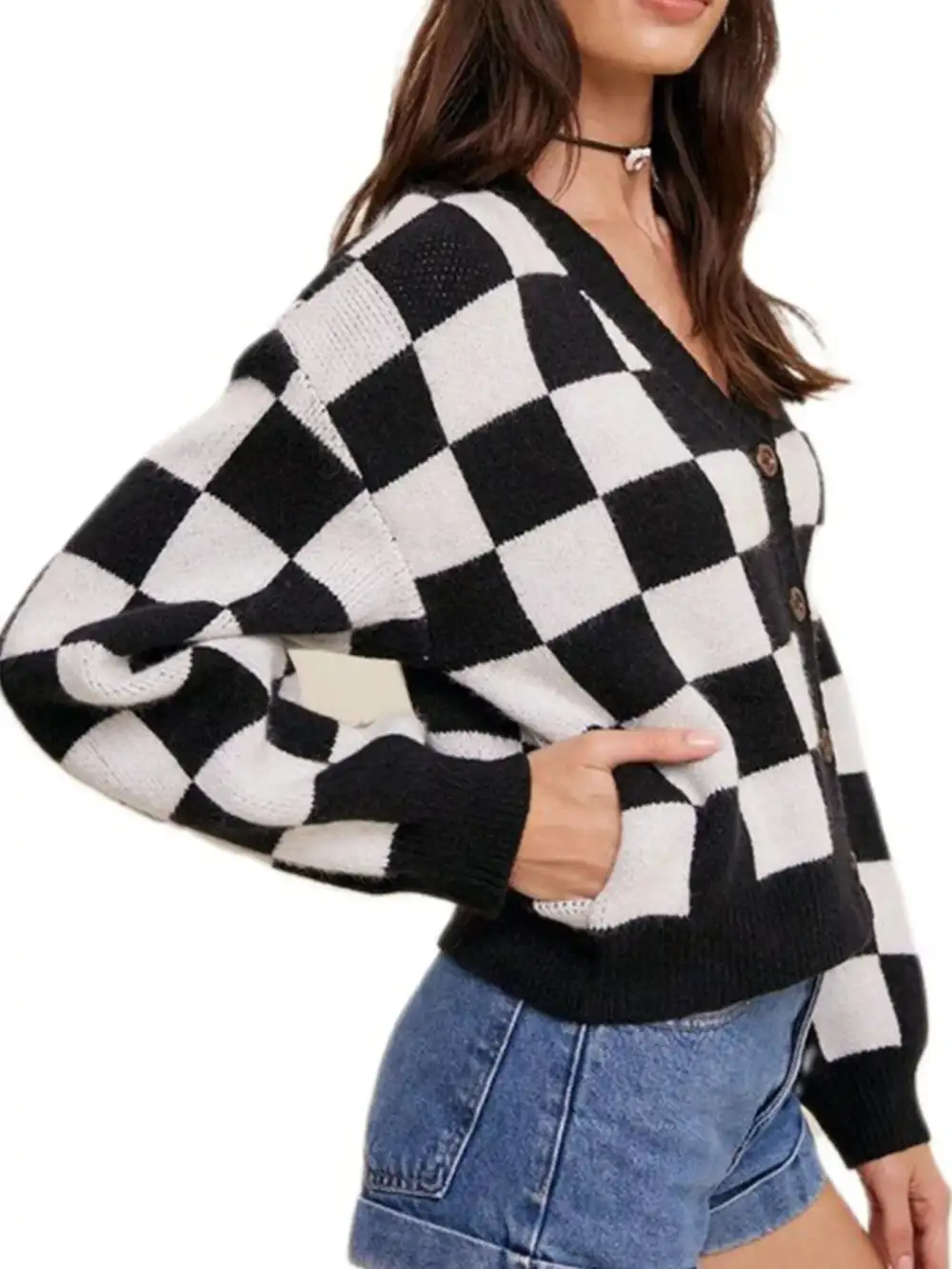 Checkerboard Pattern Button Down Cardigan
