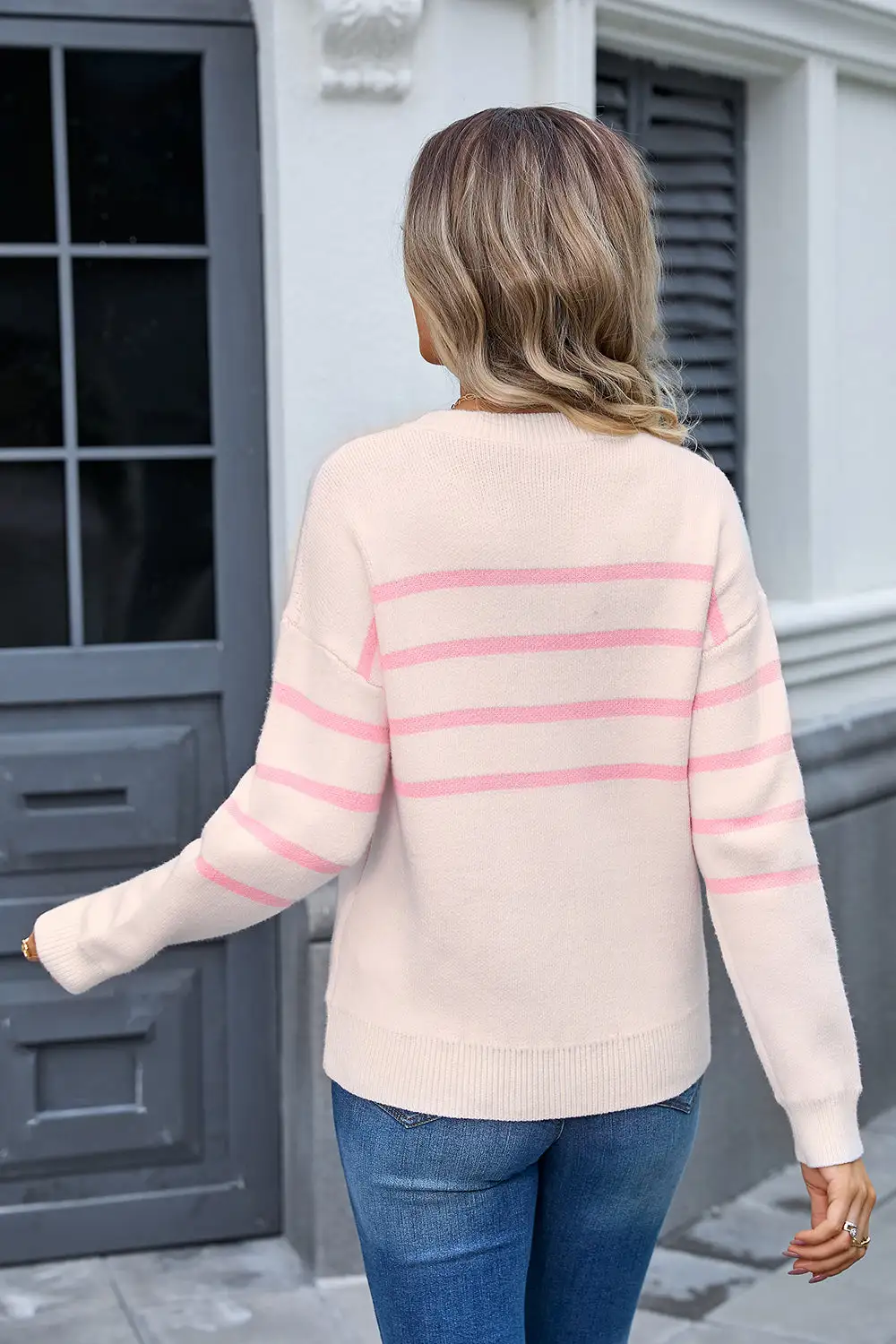 Striped Bow Round Neck Flower Knitted Sweater