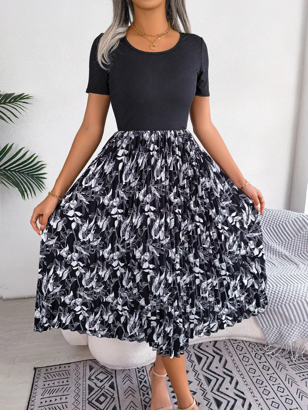 Pleated Round Neck Dress