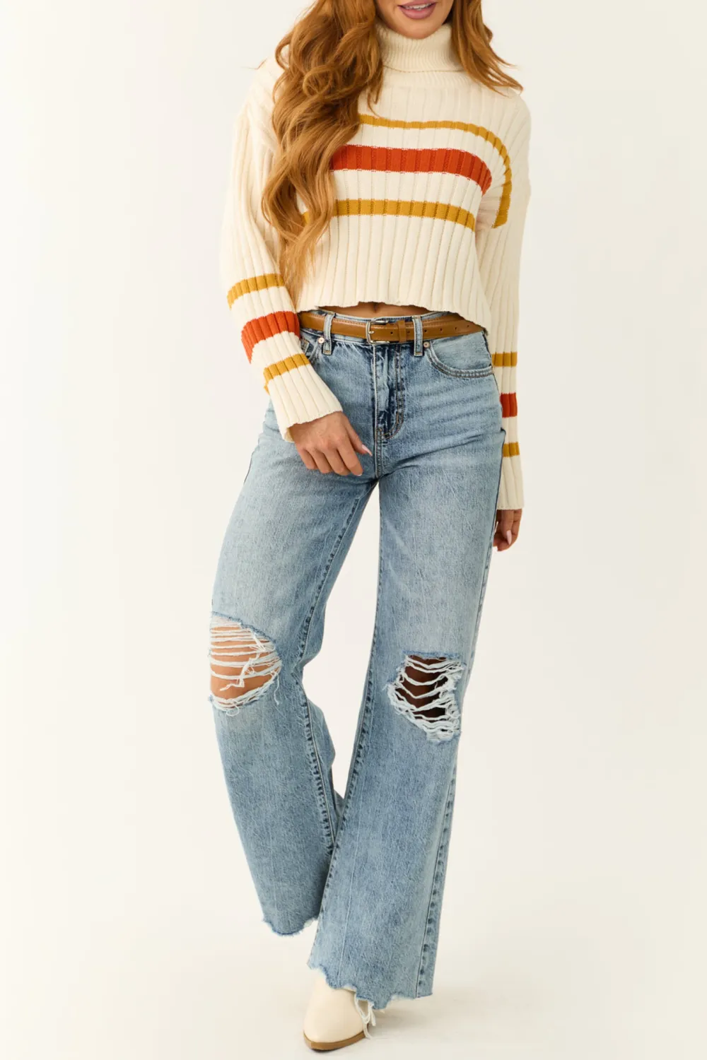Cream Striped Turtleneck Cropped Sweater