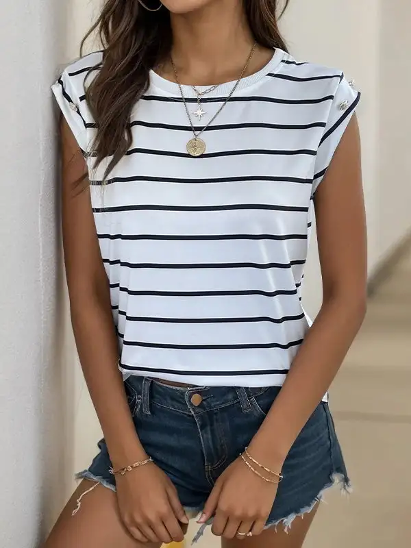 Relaxed Short Sleeve Panel Detail Stripe Round Neck T-Shirt