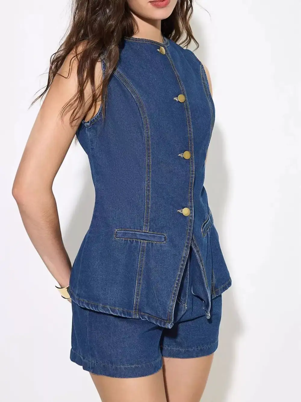 Button Up Sleeveless Denim Top and Shorts Set