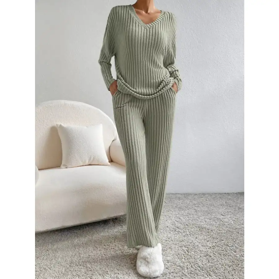 Ribbed Knit Long Sleeve Top and Pants Set