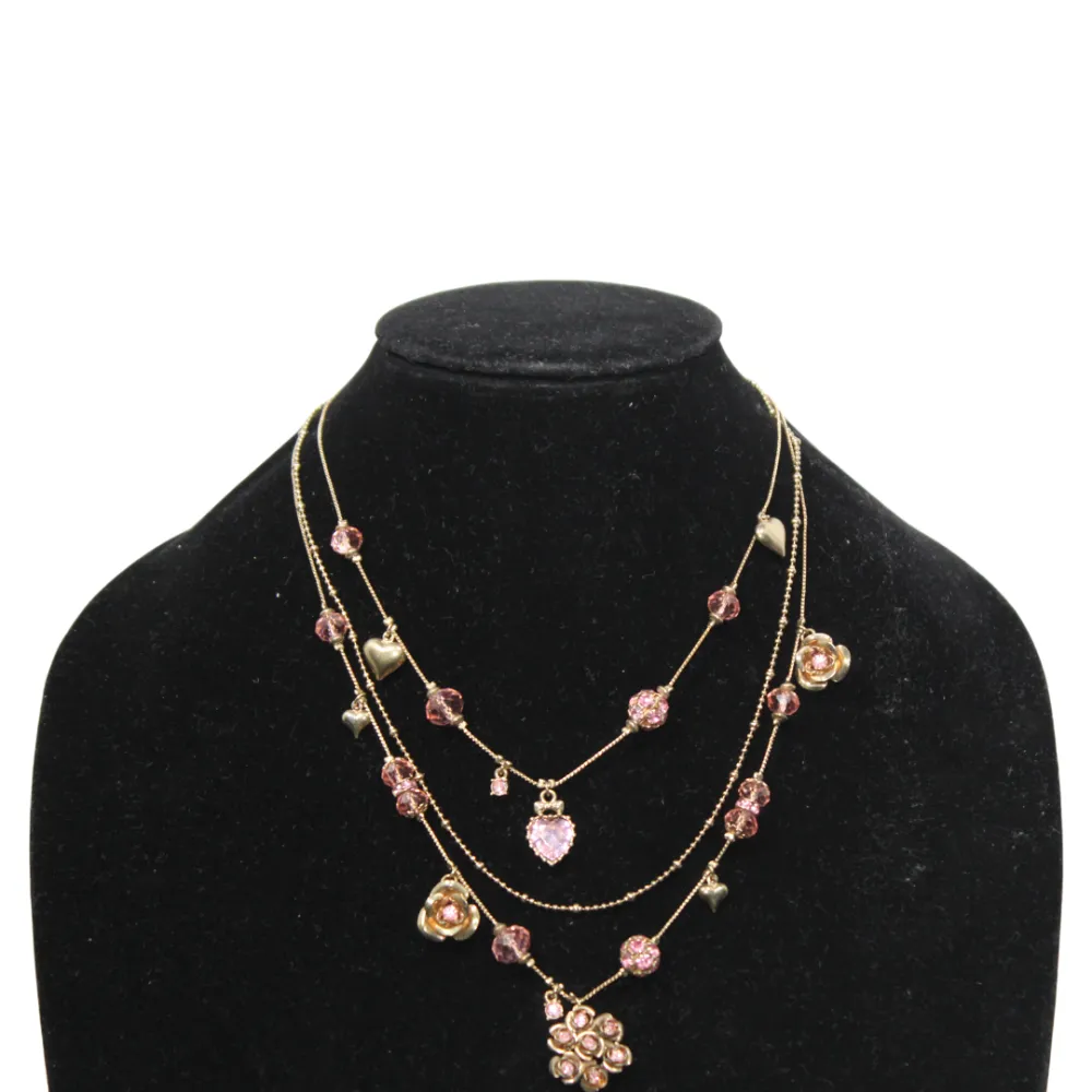 Mixed Multicolored Flower Heart Triple Strand Necklace