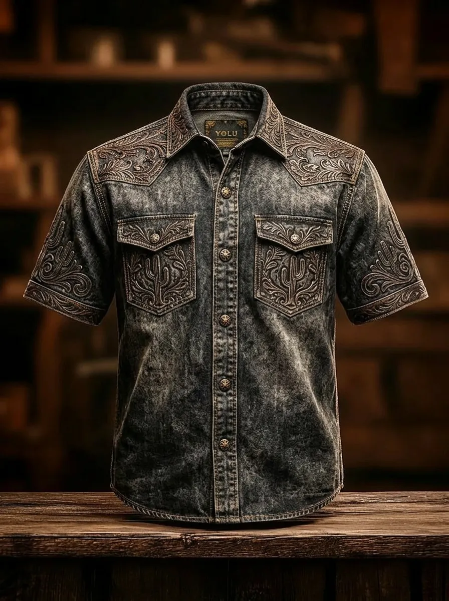 Men's Western Cowboy Cactus Floral Tooled Printed Shirt