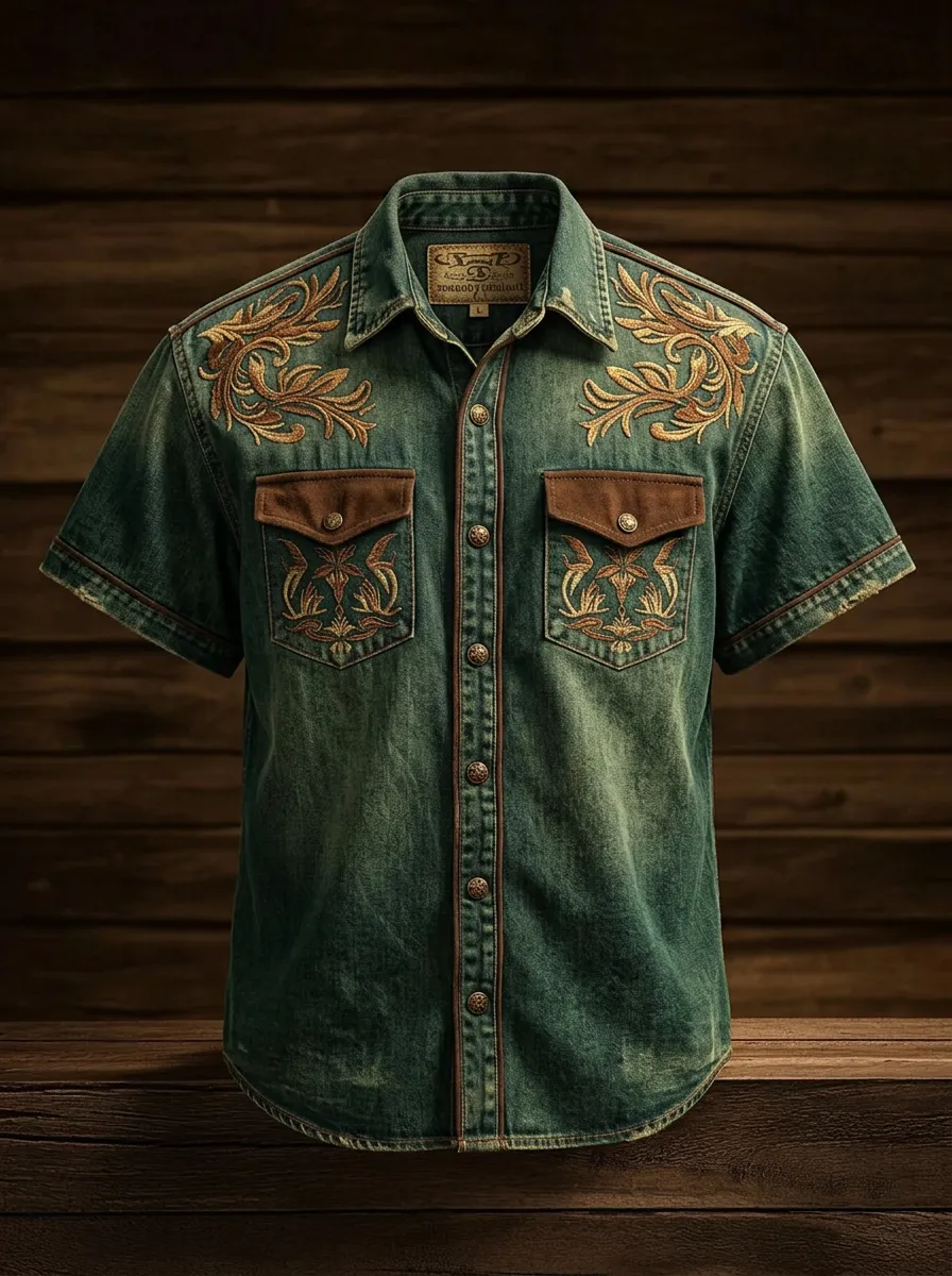 Men's Western Cowboy Floral Embroidery Denim Printed Shirt