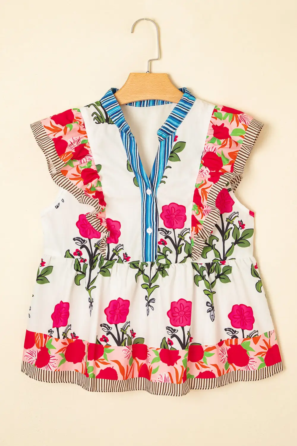 Pink Floral Print Tie Neck Striped Detail Flutter Sleeve Blouse