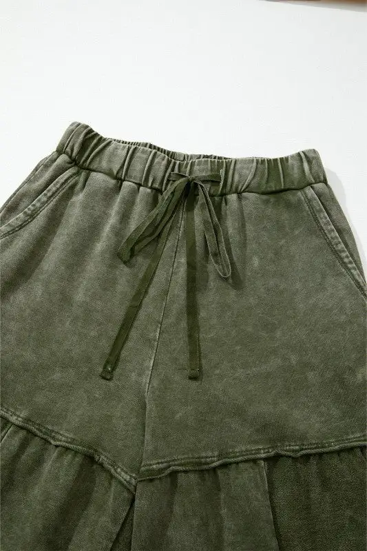 Mineral Wash Patchwork Tiered Wide Leg Pants