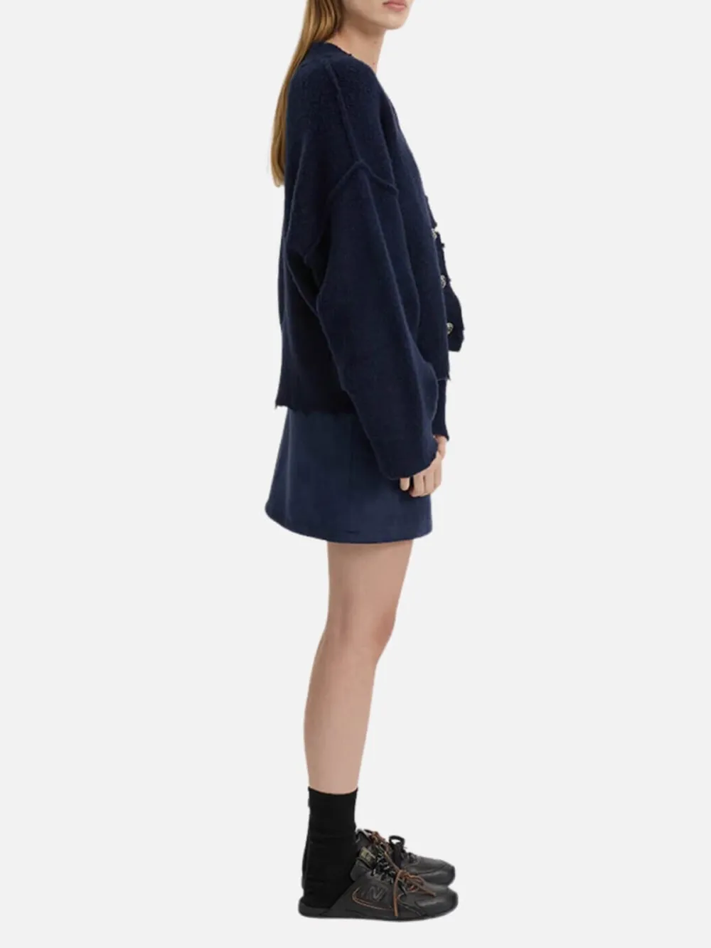 Drop Shoulder Long Sleeve Cardigan-Navy
