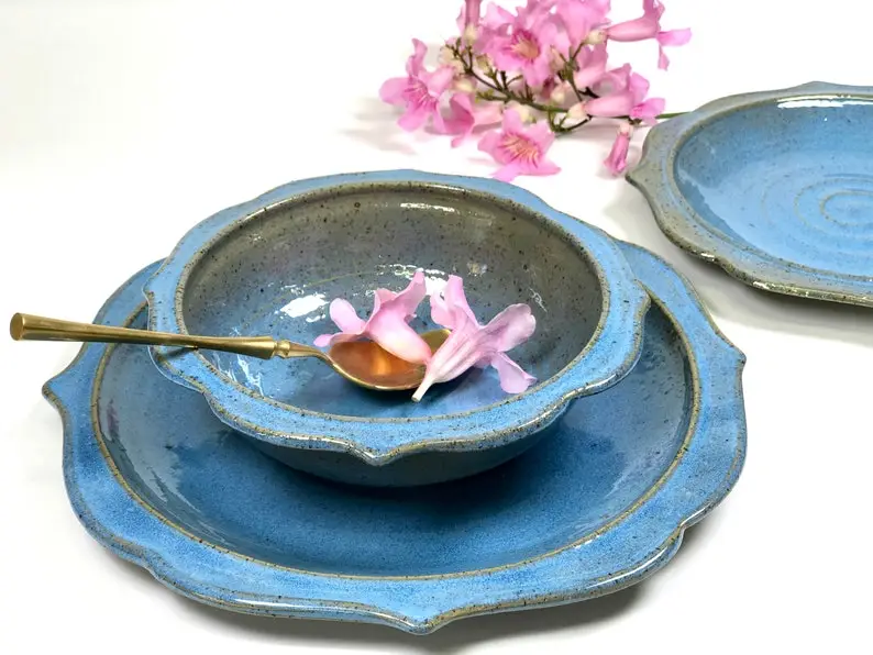 Blue dinnerware set.