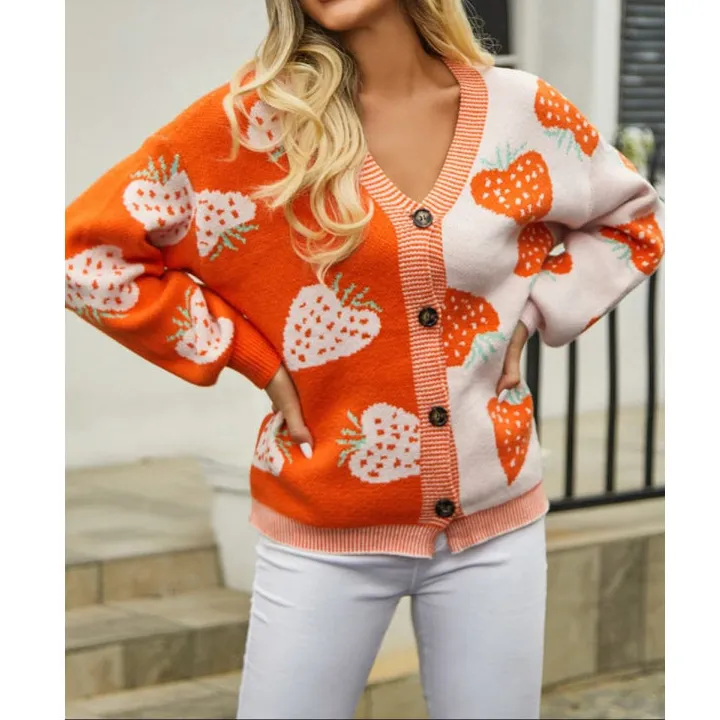 Printed V Neck Button Down Long Sleeve Cardigan