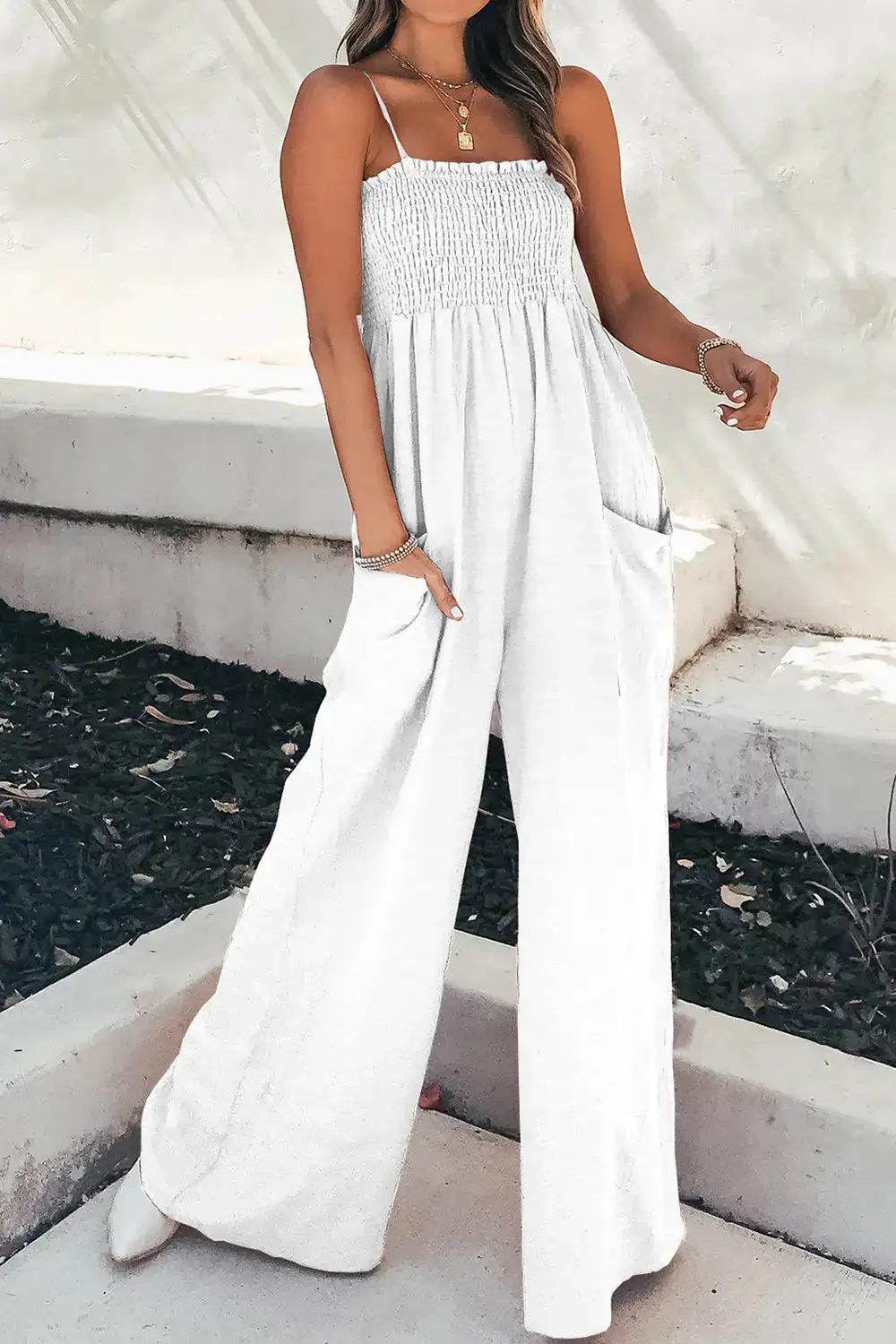 Smocked Strappy Wide Leg Jumpsuit