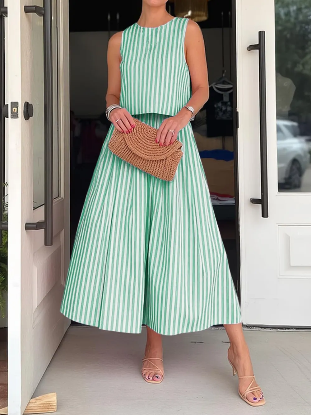 Natural Button Front Sleeveless Detail Coordinated Set