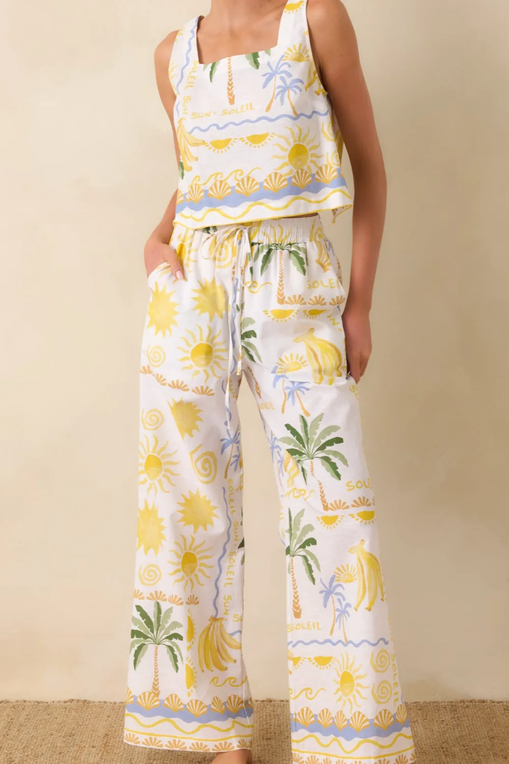 Multicolor Linen Blend Tropical Print Pants