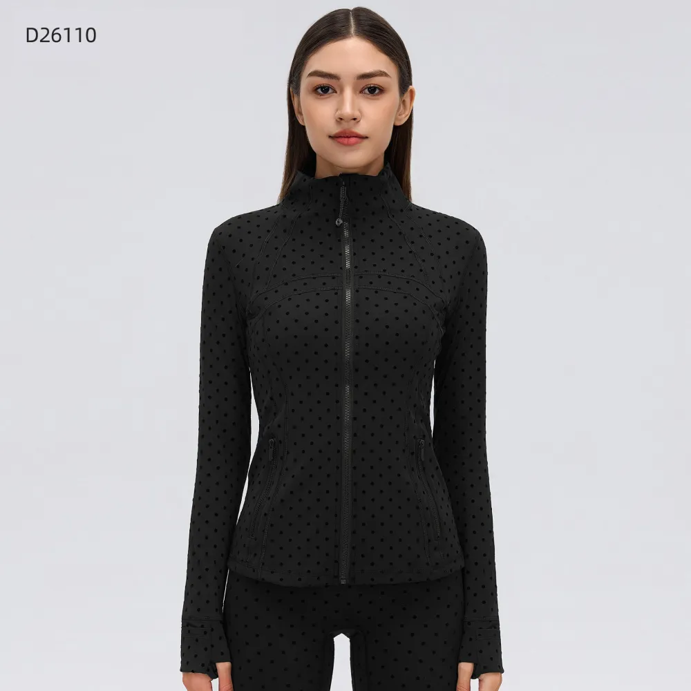 Women's Summer Long Sleeve Zip-Up Jacket, Stand Collar Polka Dot Texture Slim Fit Athletic Jacket for Skirts or Shorts, Nylon Spandex Brushed Fabric Stretchy Sports Outerwear for Yoga