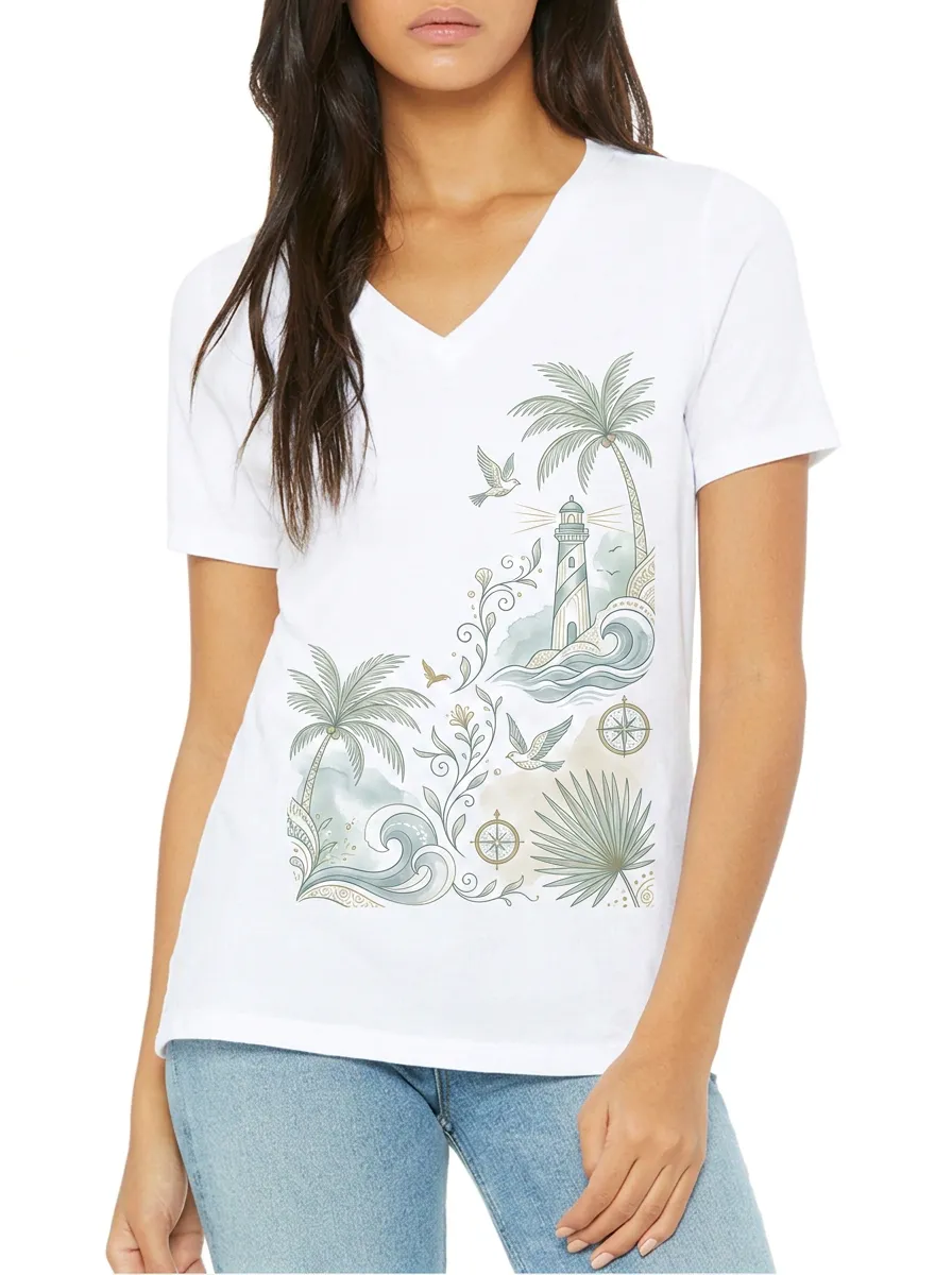 Women's Coastal Beach Lover Lighthouse Palm Printed V-neck T-shirt