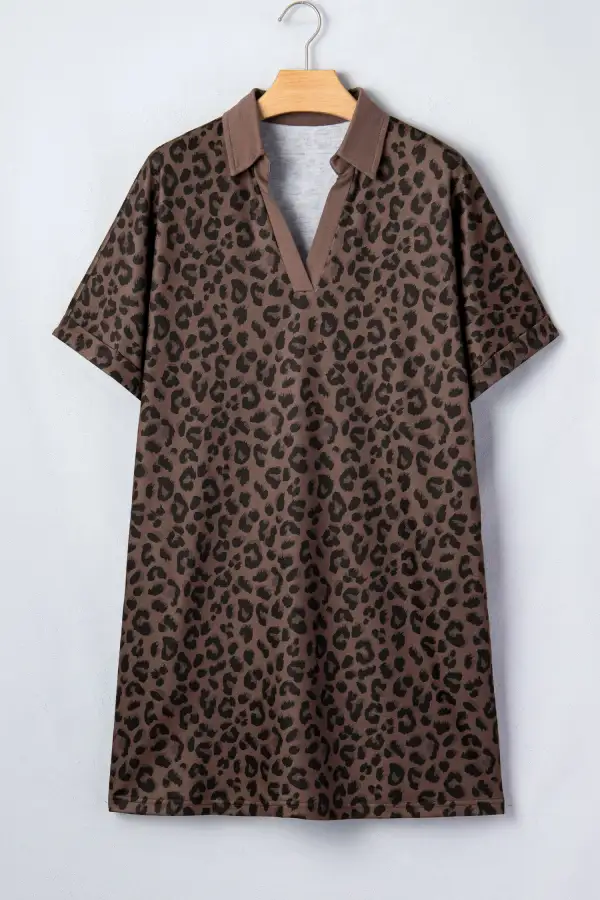 Leopard Print Contrast Collar V-neck Mini Dress