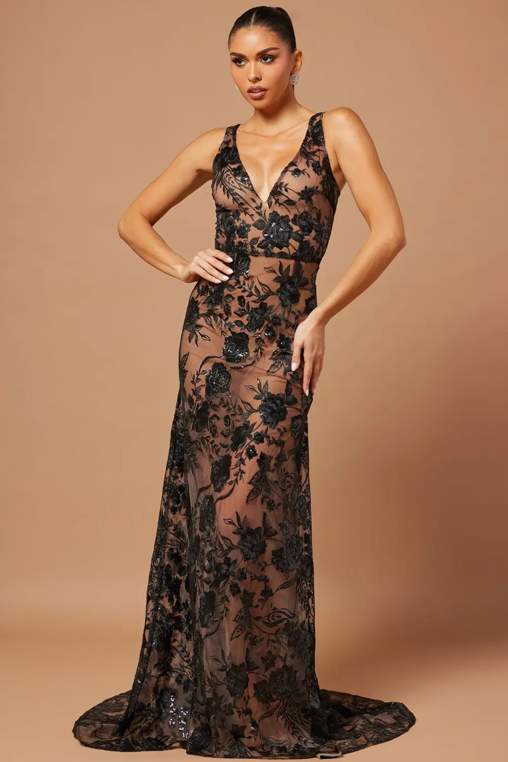 Serena Sequin Embroidered Gown - Black