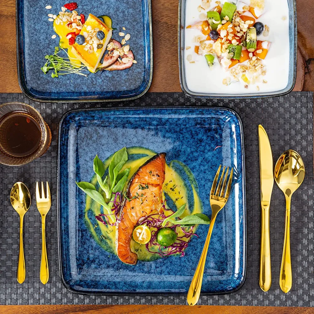 vancasso Stern Green-Blue Dinner Set- Square Reactive Glaze Tableware- 32 Pieces Kitchen Dinnerware Stoneware Crockery Set with Dinner Plate, Dessert Plate, Bowl and Soup Plate Service for 8