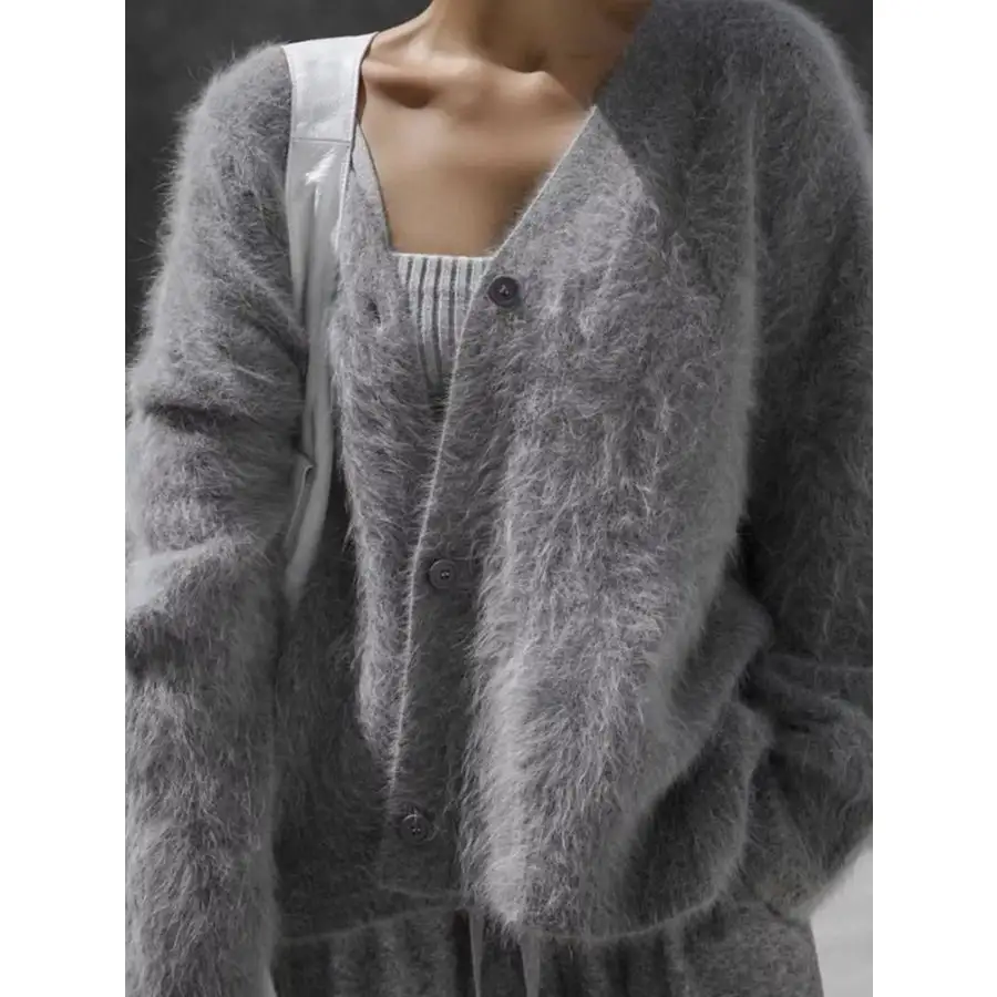 V Neck Button Down Fuzzy Knit Mohair Cardigan