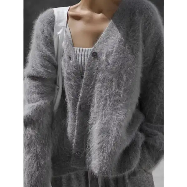 V Neck Button Down Fuzzy Knit Mohair Cardigan