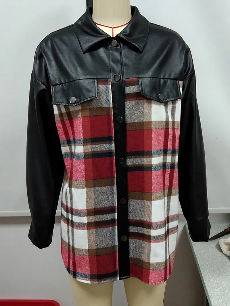 Casual plaid patchwork leather jacket