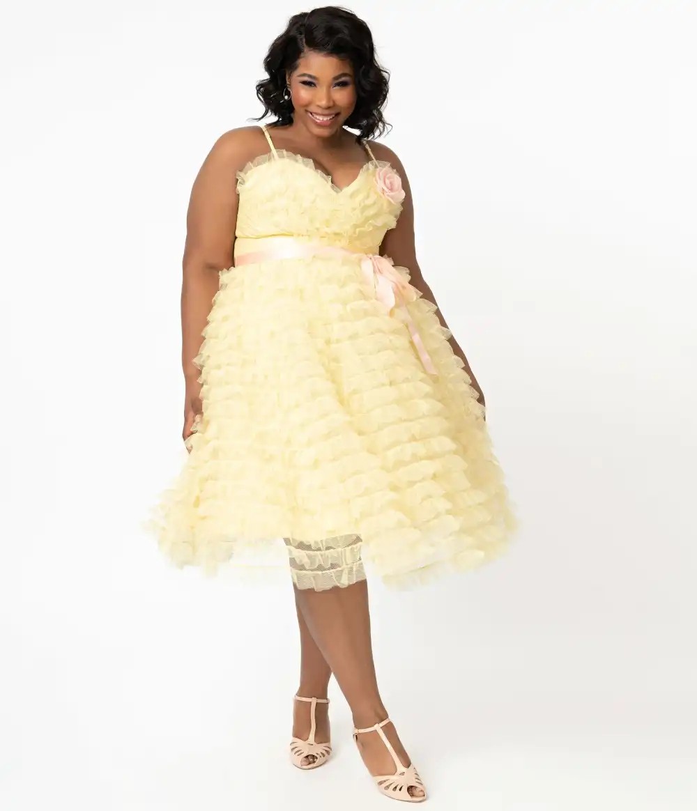 Unique Vintage Plus Size 1950s Yellow Tulle Cupcake Swing Dress