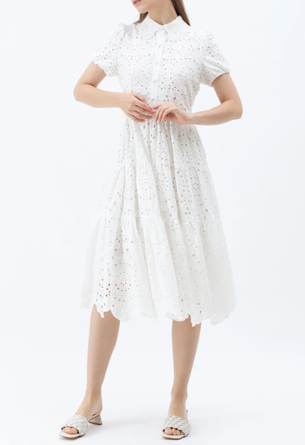 CROCHET COLLAR EMBROIDERED EYELET COTTON DRESS