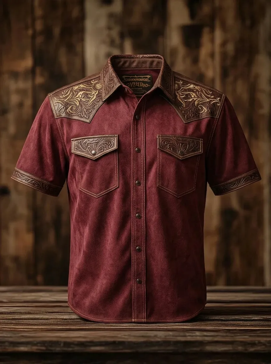 Men's Western Style Floral Tooled Leather Print Suede Shirt