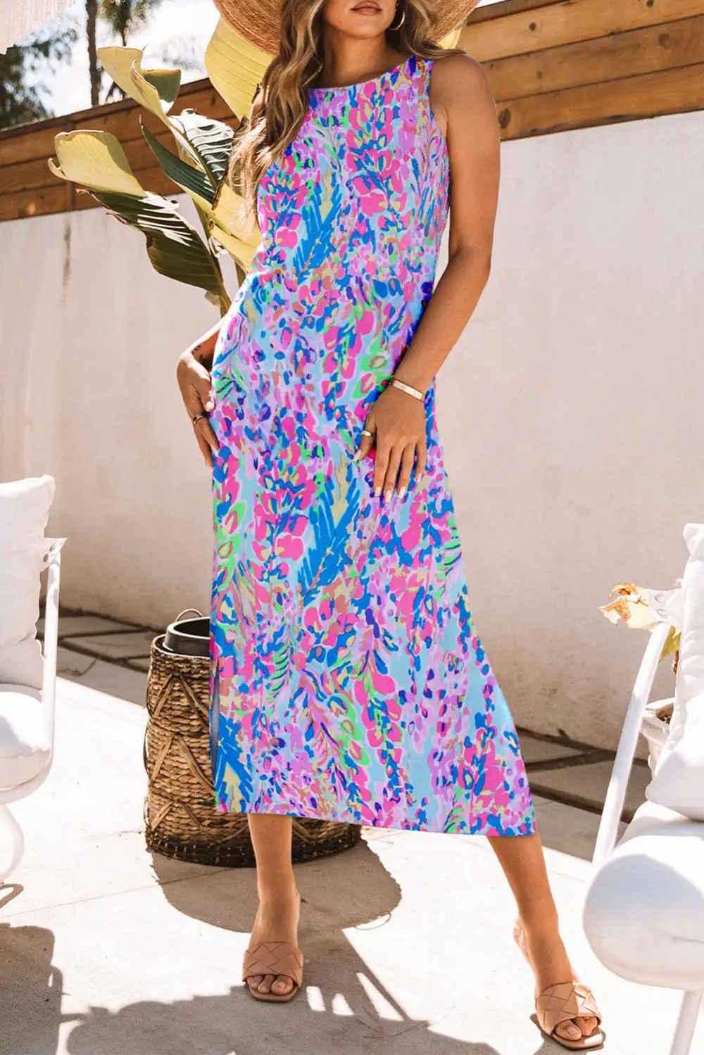 Abstract Floral Print Sleeveless Midi Dress