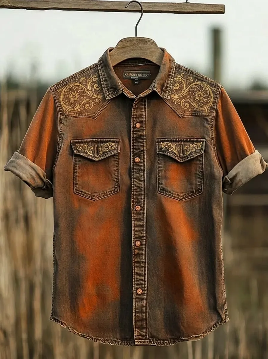 Men's Western Style Floral Filigree Printed Denim Shirt