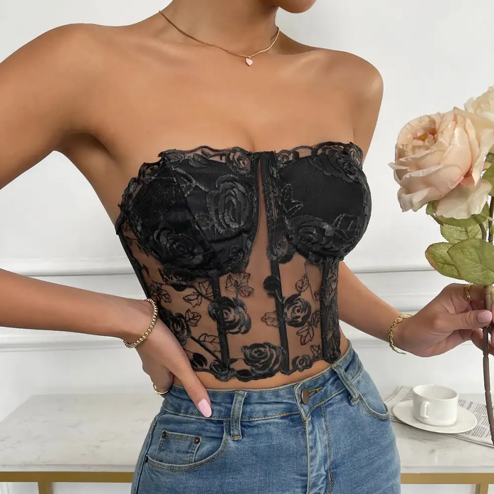Longline Bra with Rose Motif