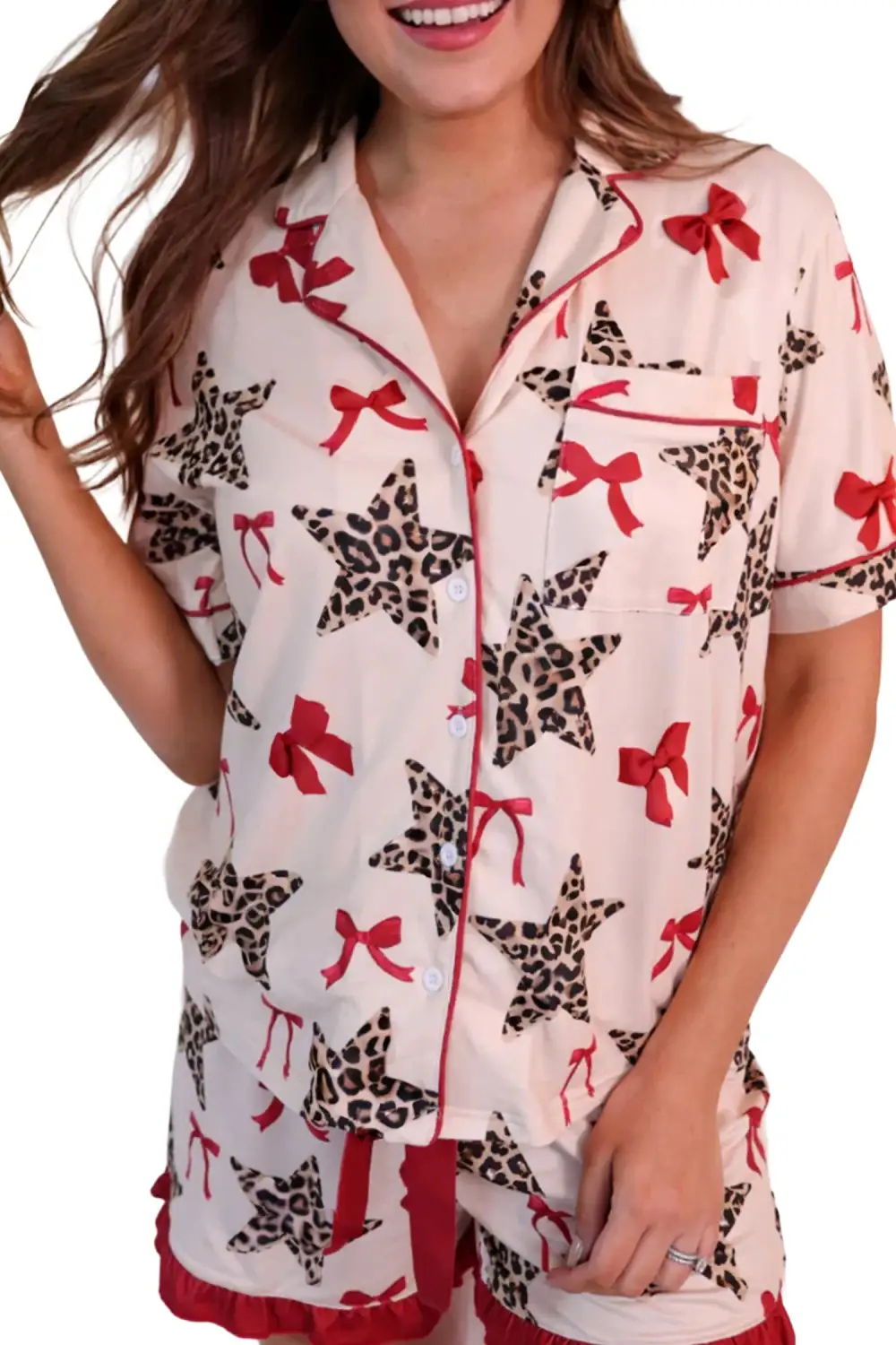Soft Bow Print Ribbon Trim Short Pajama Set